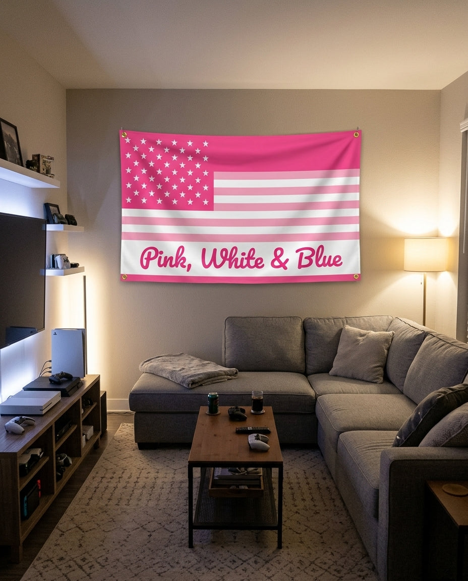 Pink White And Blue flag decorating a game room wall