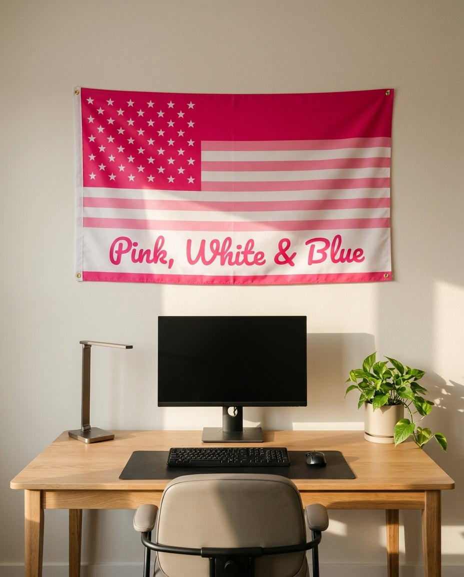 Pink White And Blue 3x5 flag on a home office wall