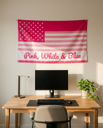 Pink White And Blue 3x5 flag on a home office wall