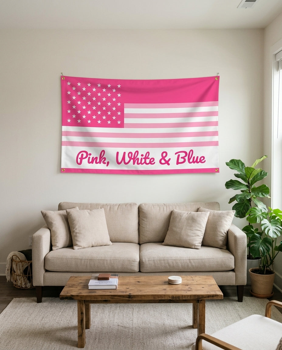 Pink White And Blue flag used as living room wall decor