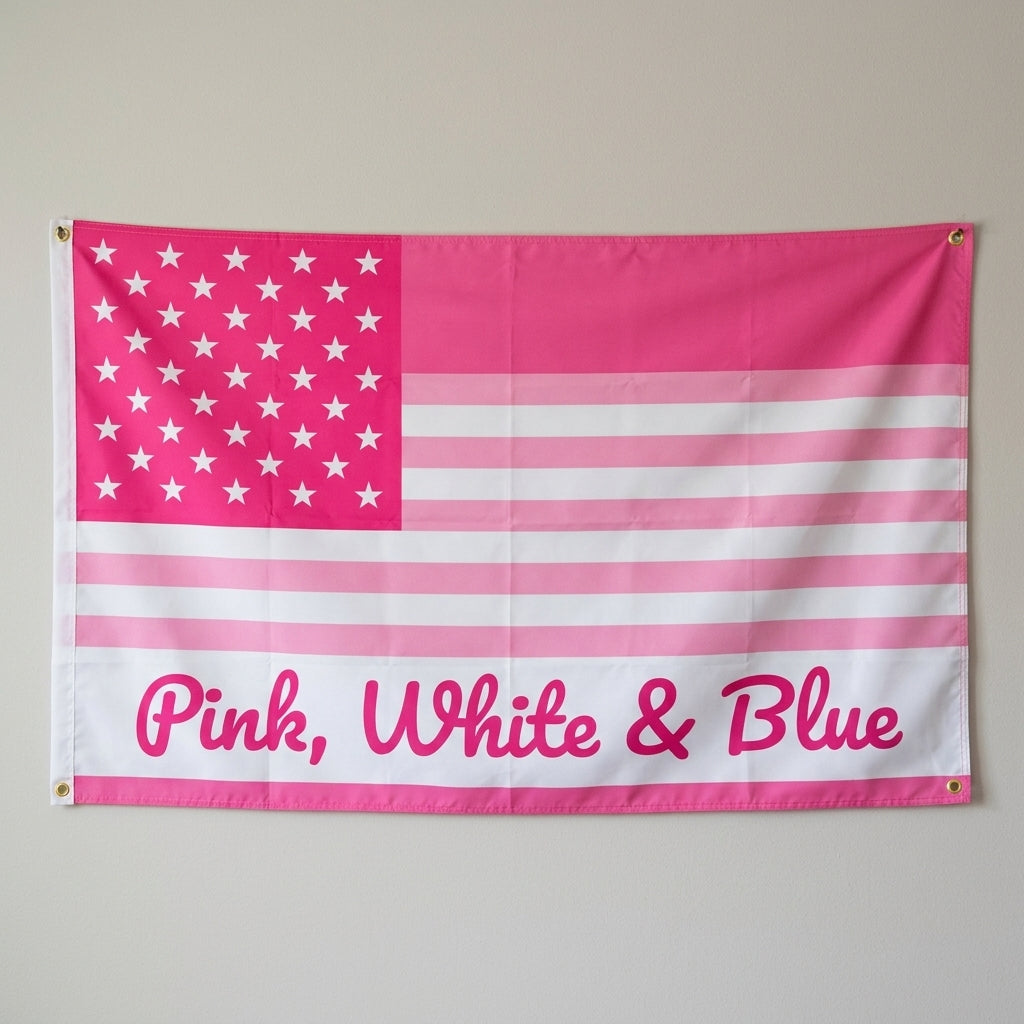 Pink White And Blue flag 3x5 in pink with stars and stripes, hung on a wall