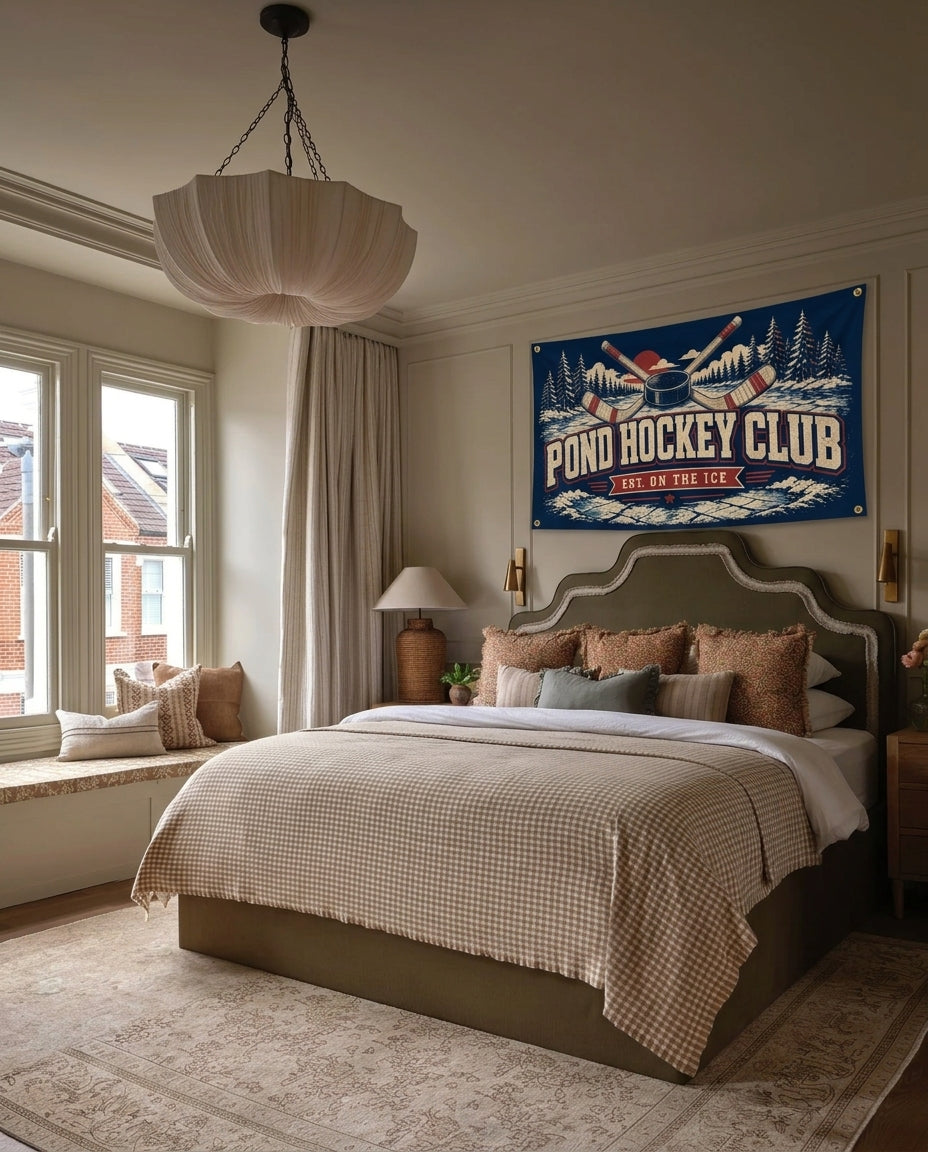 Pond Hockey Club vintage hockey wall flag hanging in a bedroom
