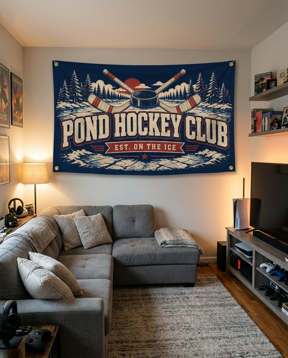 Pond Hockey Club flag decorating a game room wall