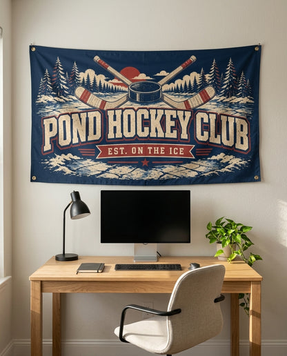 Pond Hockey Club 3x5 flag on a home office wall