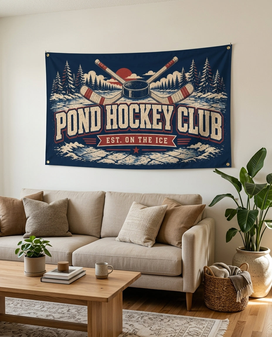 Navy Pond Hockey Club flag used as living room wall decor