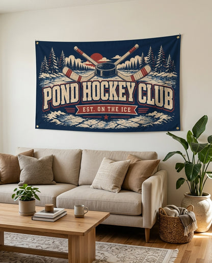 Navy Pond Hockey Club flag used as living room wall decor