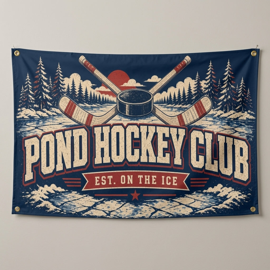 Pond Hockey Club flag 3x5 in vintage navy with crossed sticks and a puck, hung on a gray wall