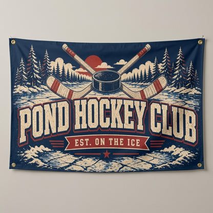 Pond Hockey Club flag 3x5 in vintage navy with crossed sticks and a puck, hung on a gray wall