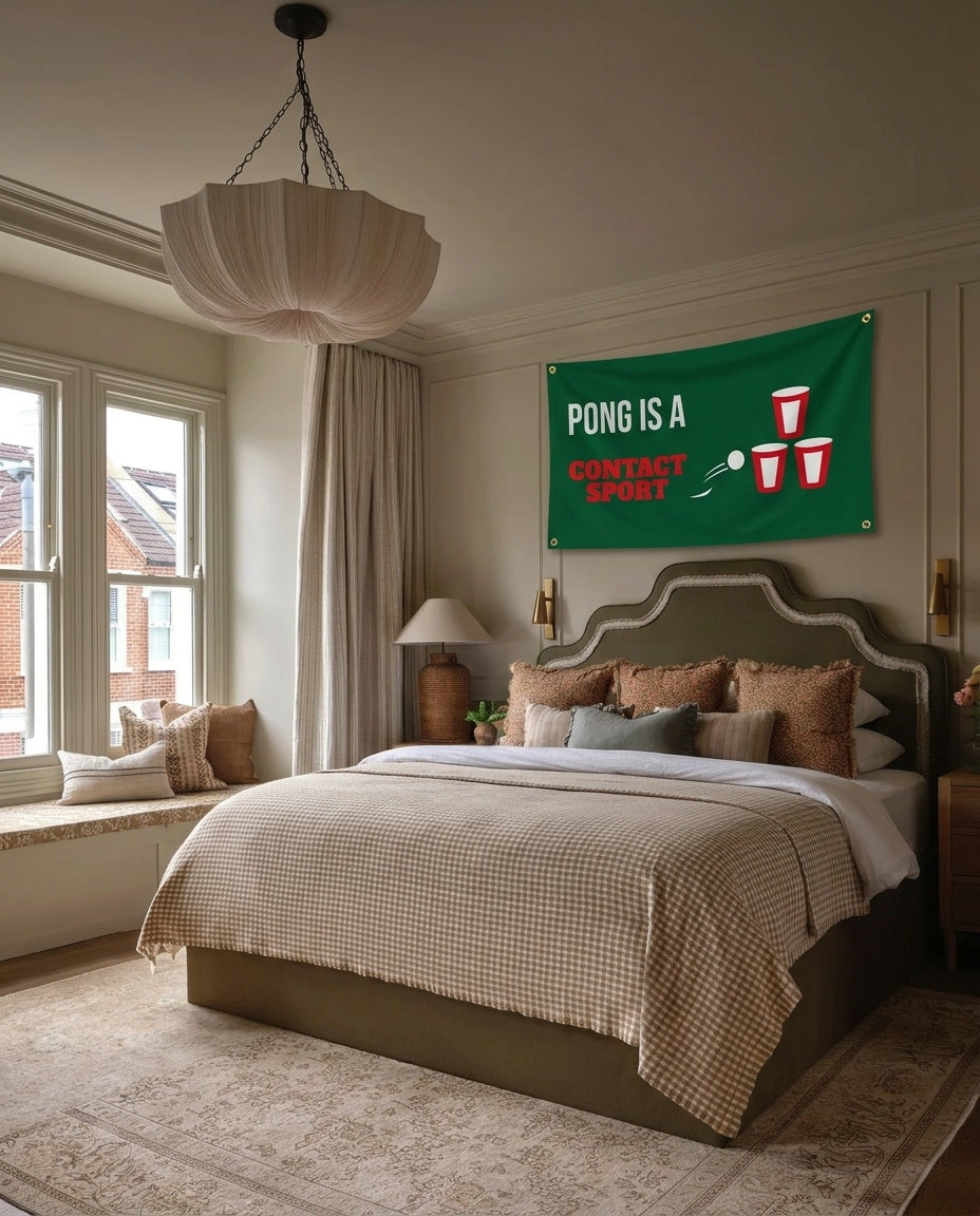 Pong Is A Contact Sport party wall flag hanging in a bedroom