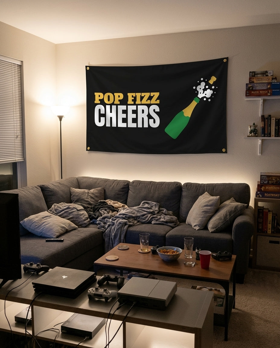 Pop Fizz Cheers flag decorating a game room wall