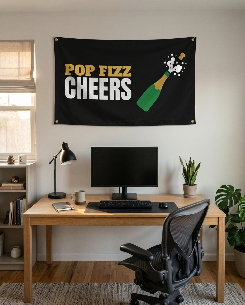 Pop Fizz Cheers 3x5 flag on a home office wall
