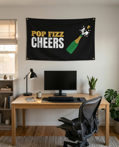 Pop Fizz Cheers 3x5 flag on a home office wall