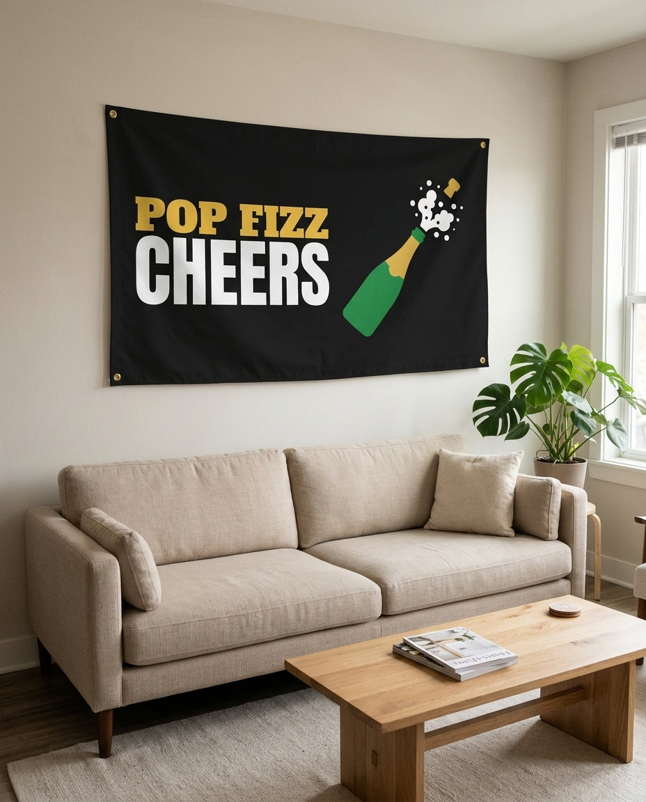 Pop Fizz Cheers flag used as living room wall decor