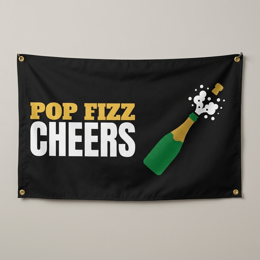 Pop Fizz Cheers flag 3x5 in black with a bubbly bottle popping its cork, hung on a wall
