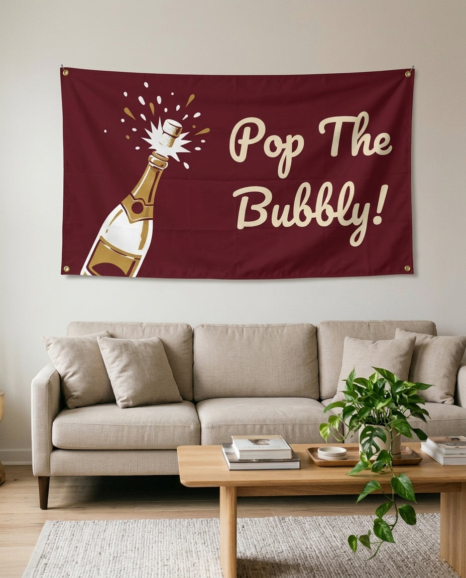 Pop The Bubbly flag used as New Year's living room wall decor