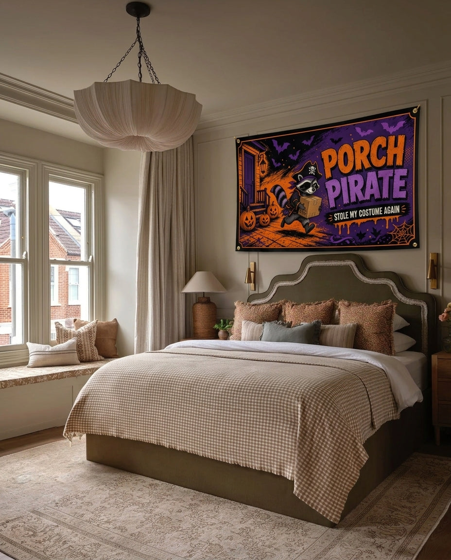 Porch Pirate funny Halloween wall flag hanging in a bedroom