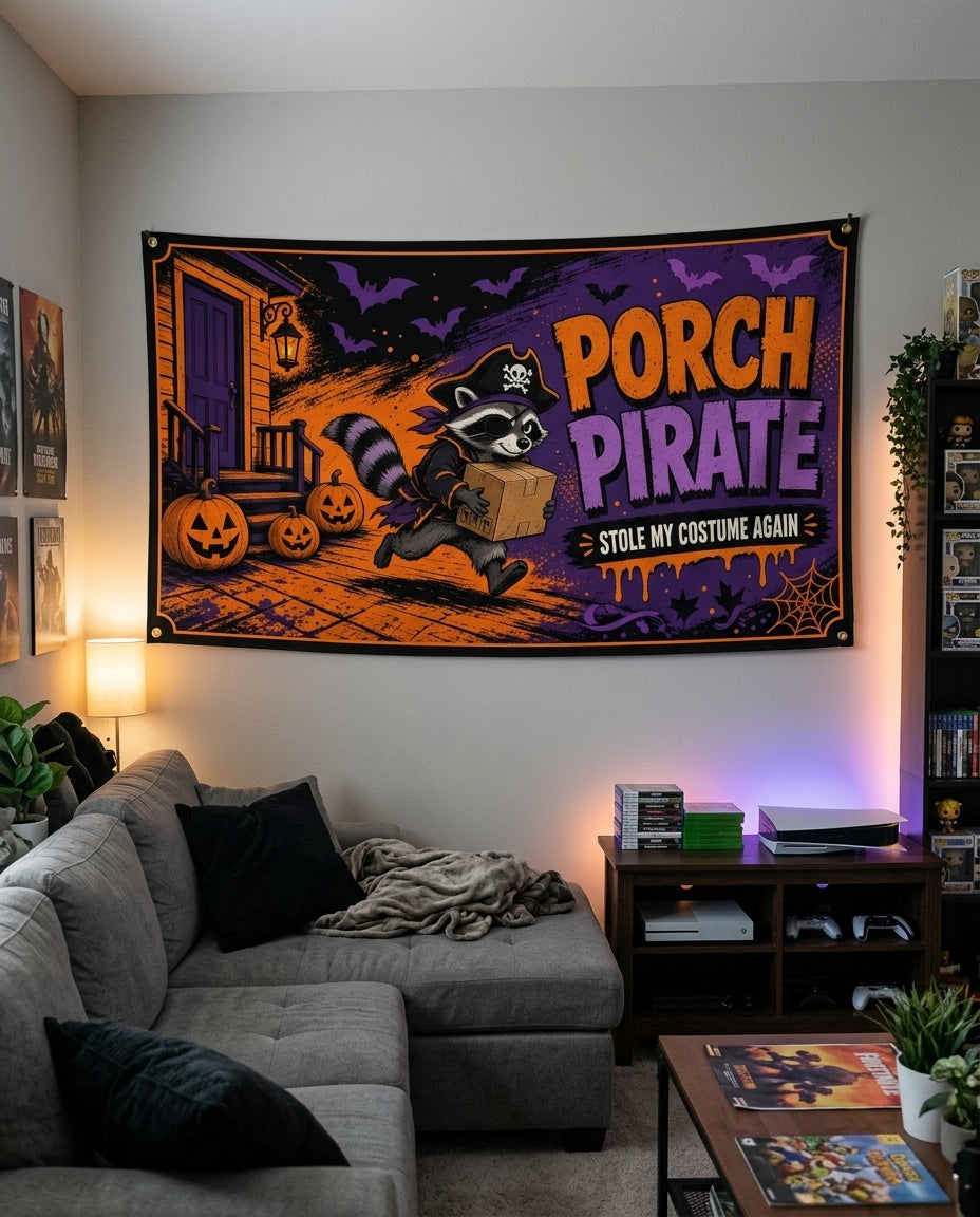 Porch Pirate Halloween flag decorating a game room wall