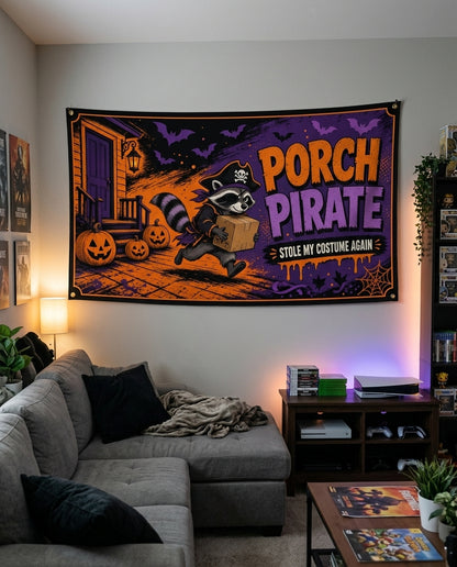 Porch Pirate Halloween flag decorating a game room wall