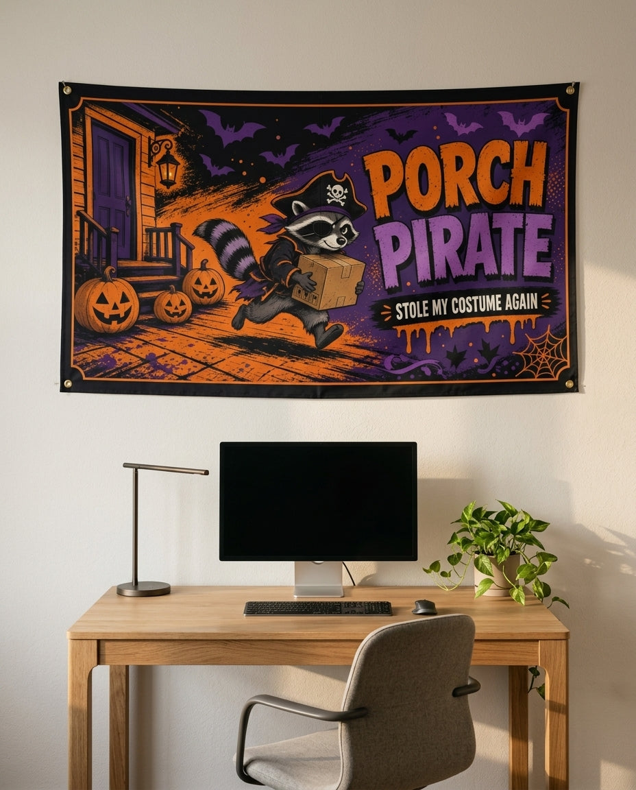 Porch Pirate 3x5 raccoon flag on a home office wall