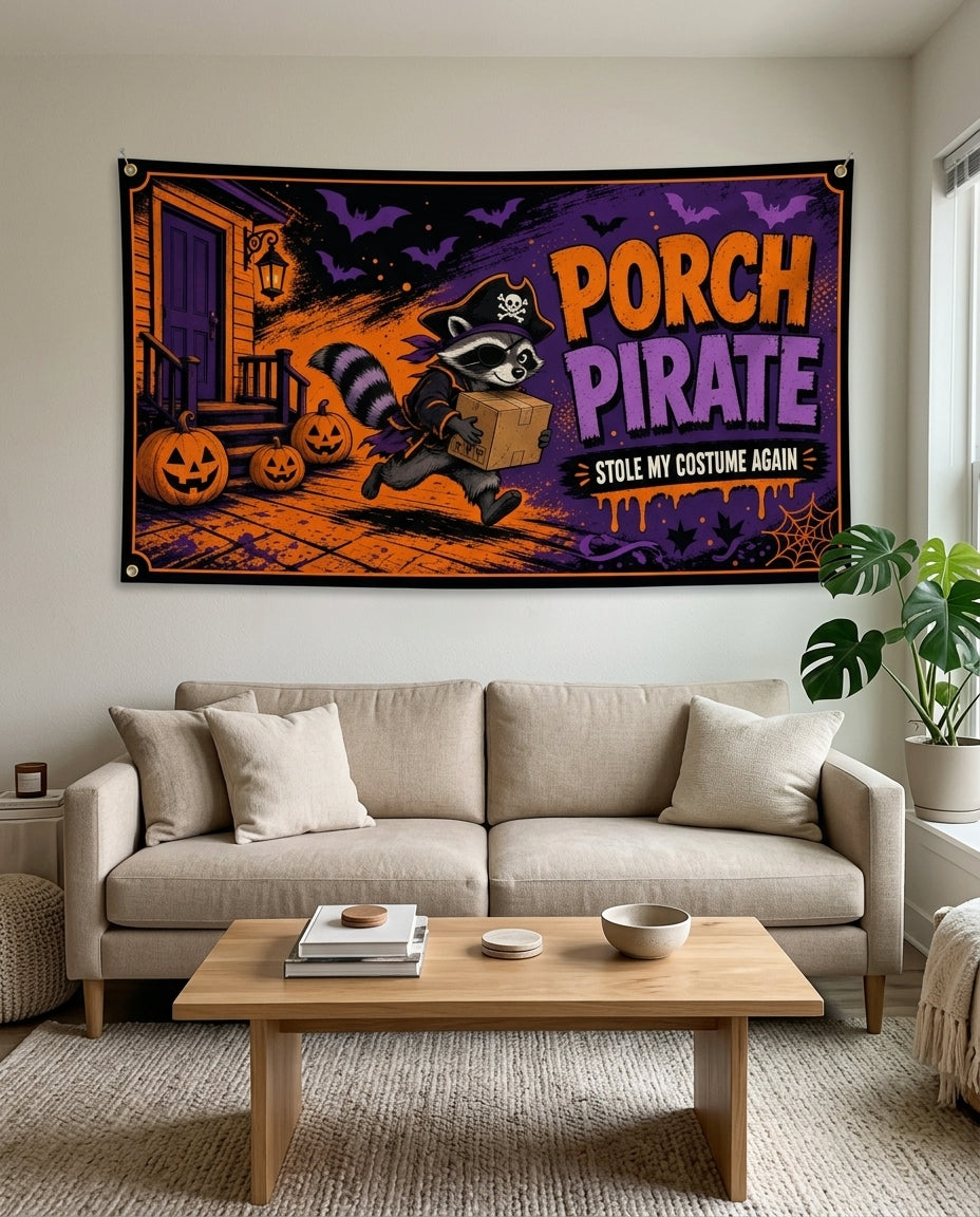Purple and orange Porch Pirate flag used as living room Halloween decor