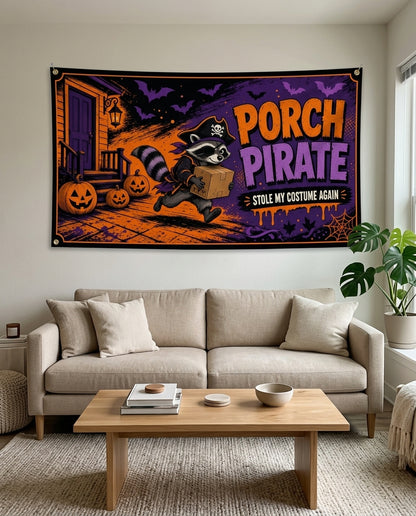 Purple and orange Porch Pirate flag used as living room Halloween decor