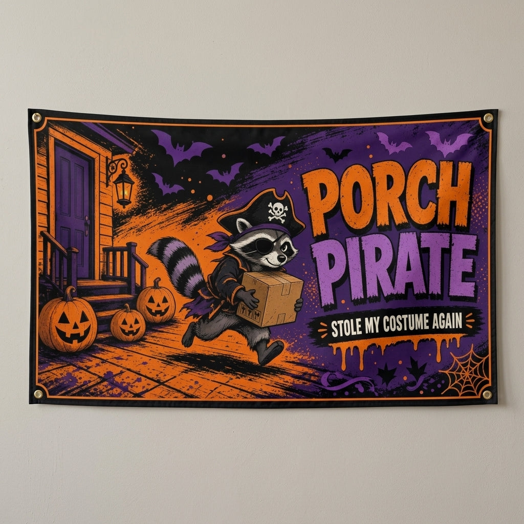 Porch Pirate Halloween flag 3x5 with a pirate raccoon stealing a box, hung on a gray wall