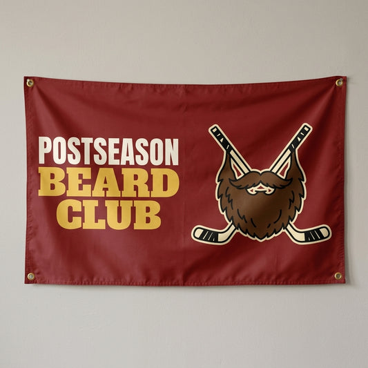 Postseason Beard Club flag 3x5 in maroon with a beard over crossed hockey sticks, hung on a wall