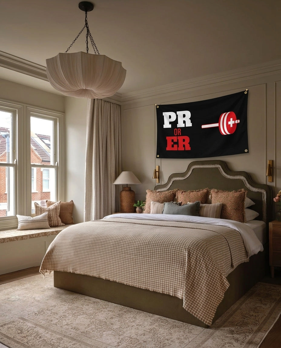 PR Or ER gym wall flag hanging in a bedroom