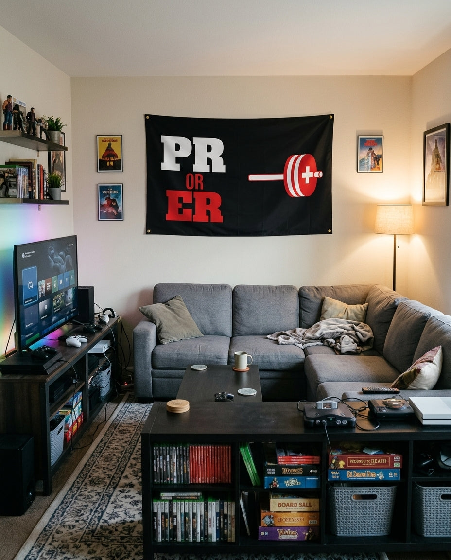 PR Or ER flag decorating a game room wall