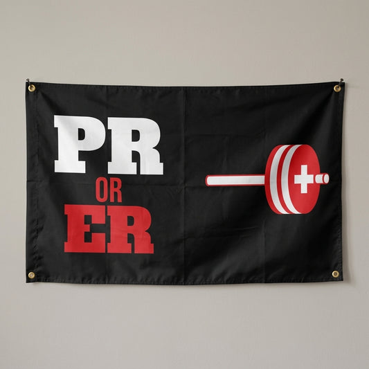 PR Or ER flag 3x5 in black with a red and white barbell, hung on a wall