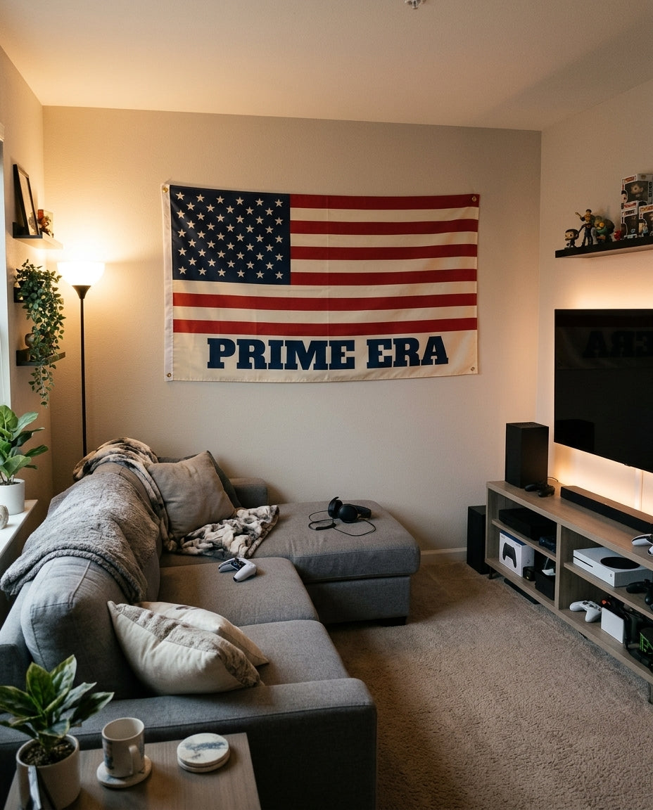 Best Era Yet flag decorating a game room wall