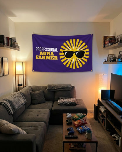 Professional Aura Farmer flag decorating a game room wall