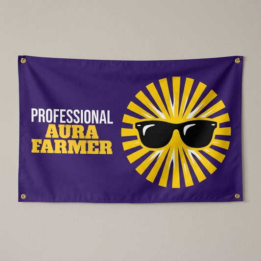 Professional Aura Farmer flag 3x5 in purple with sunglasses over a sunburst, hung on a wall