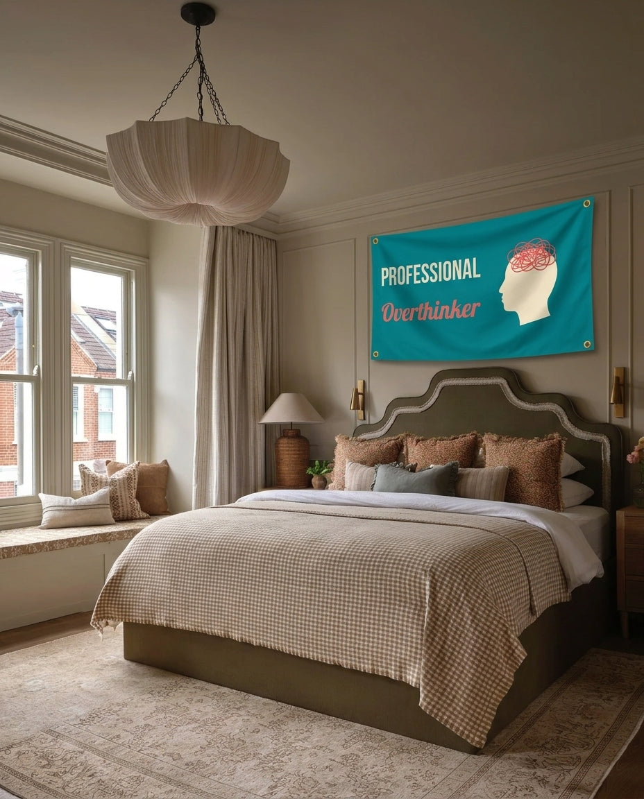 Professional Overthinker funny wall flag hanging in a bedroom