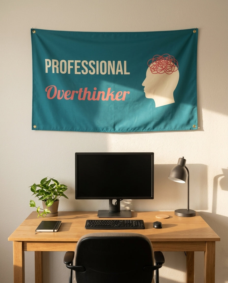 Professional Overthinker 3x5 flag on a home office wall