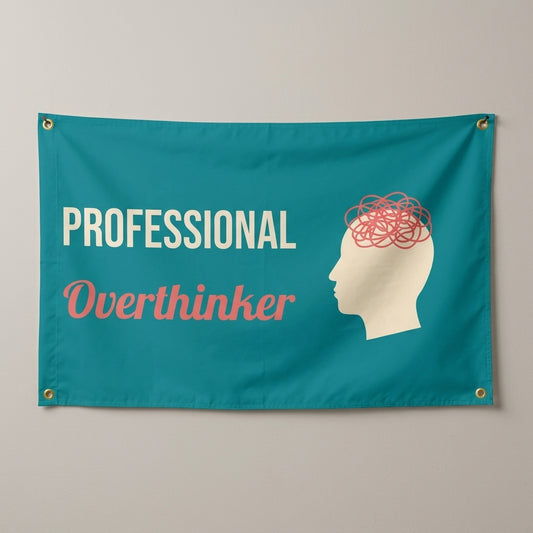 Professional Overthinker flag 3x5 in teal and coral with a tangled brain silhouette, hung on a wall
