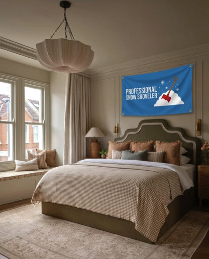 Professional Snow Shoveler winter wall flag hanging in a bedroom