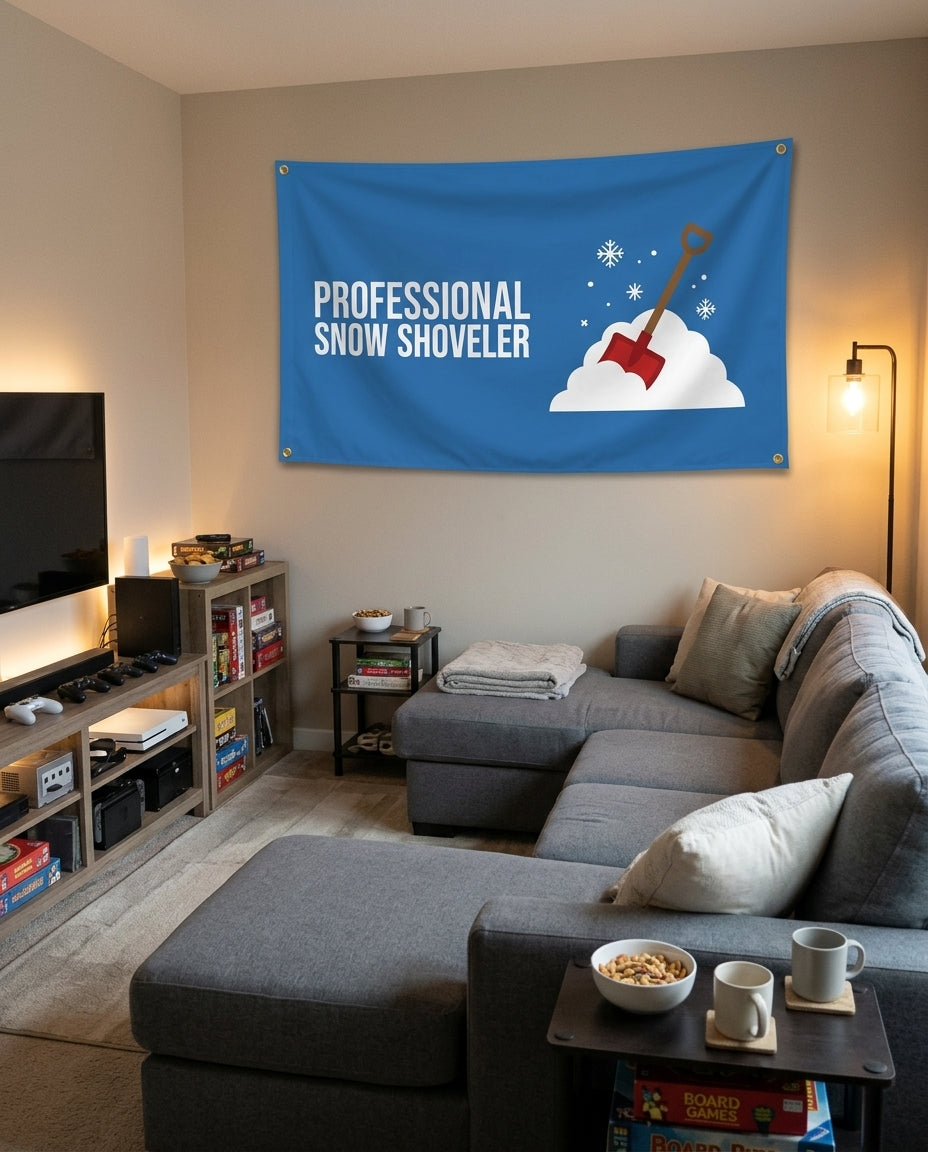 Professional Snow Shoveler flag decorating a game room wall