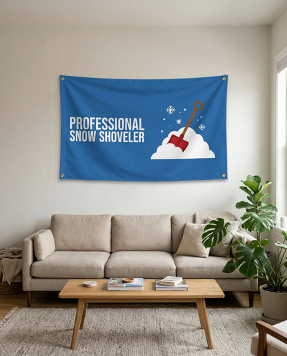 Professional Snow Shoveler flag used as living room wall decor