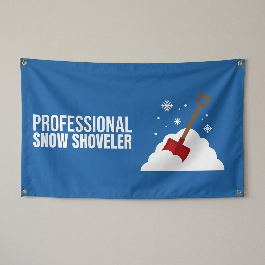 Professional Snow Shoveler flag 3x5 in blue with a shovel in a snow pile, hung on a wall