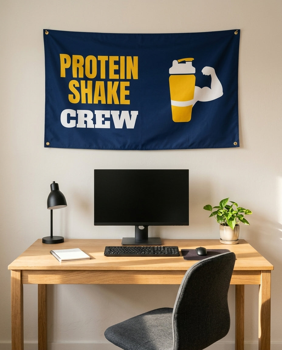 Protein Shake Crew 3x5 flag on a home office wall