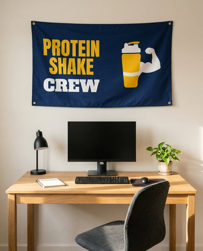 Protein Shake Crew 3x5 flag on a home office wall