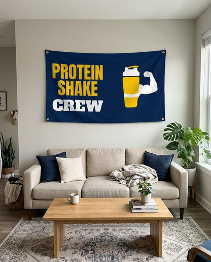 Protein Shake Crew flag used as living room wall decor