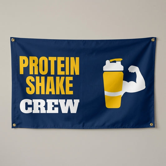 Protein Shake Crew flag 3x5 in navy with a yellow shaker bottle and flexed arm, hung on a wall