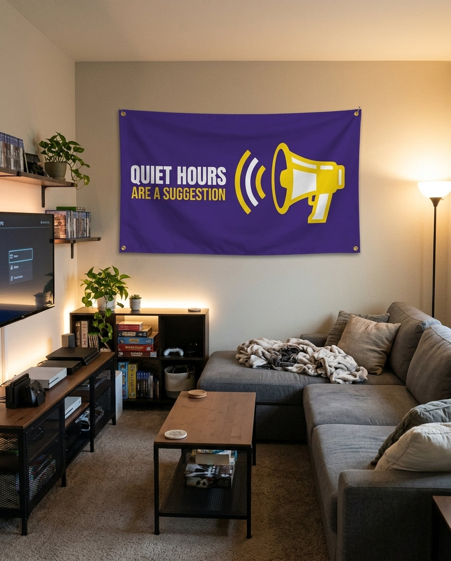 Quiet Hours Are A Suggestion flag decorating a game room wall