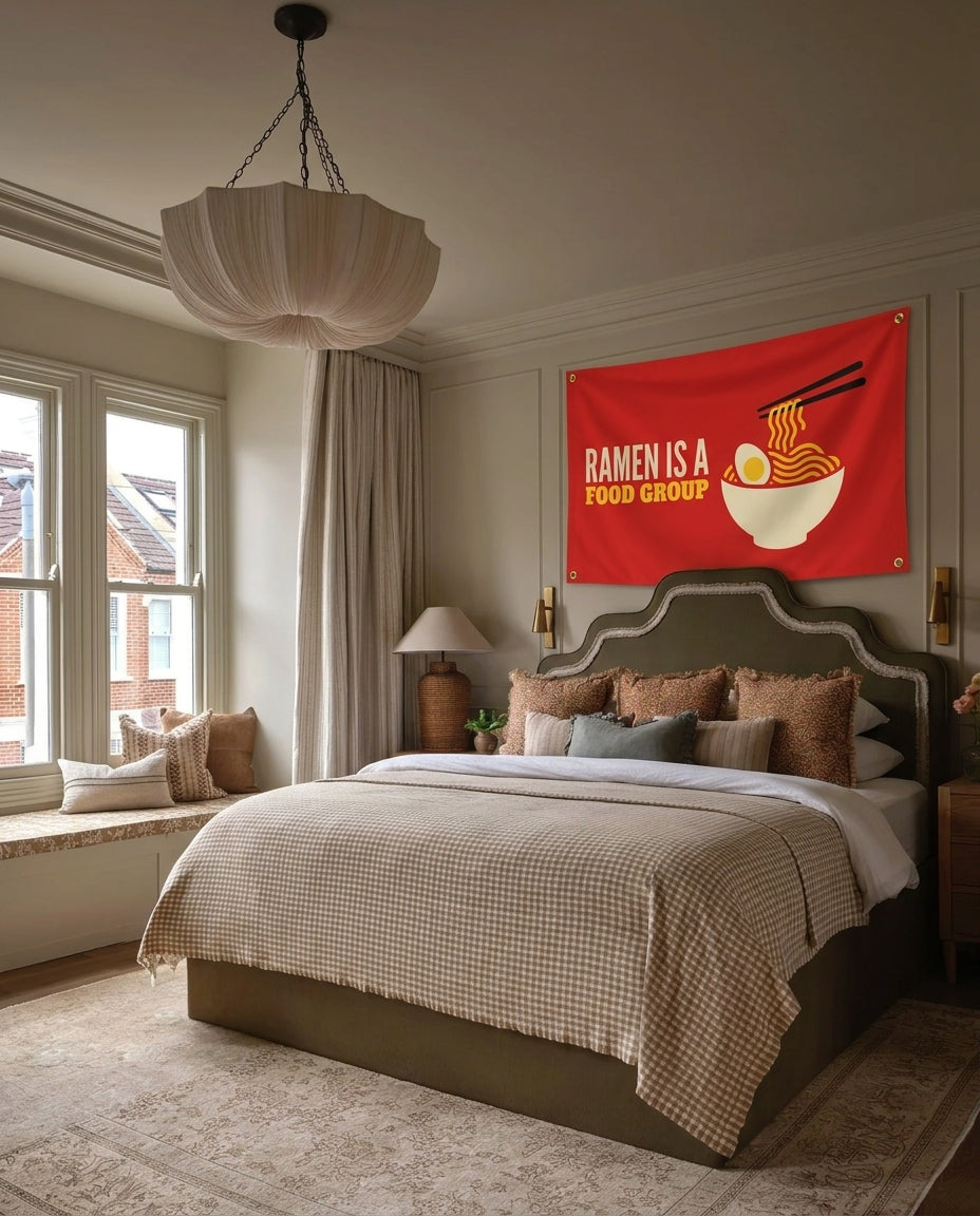 Ramen Is A Food Group dorm wall flag hanging in a bedroom