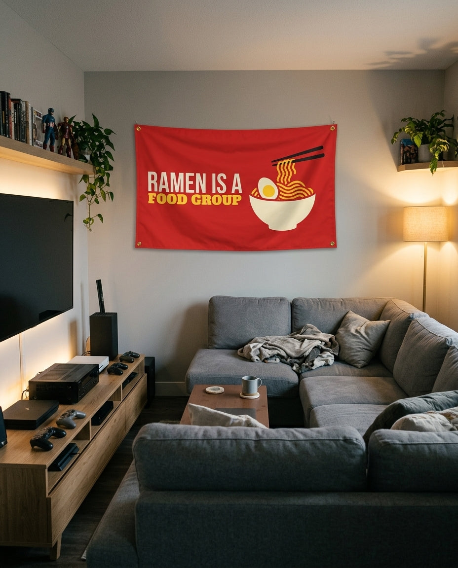 Ramen Is A Food Group flag decorating a game room wall