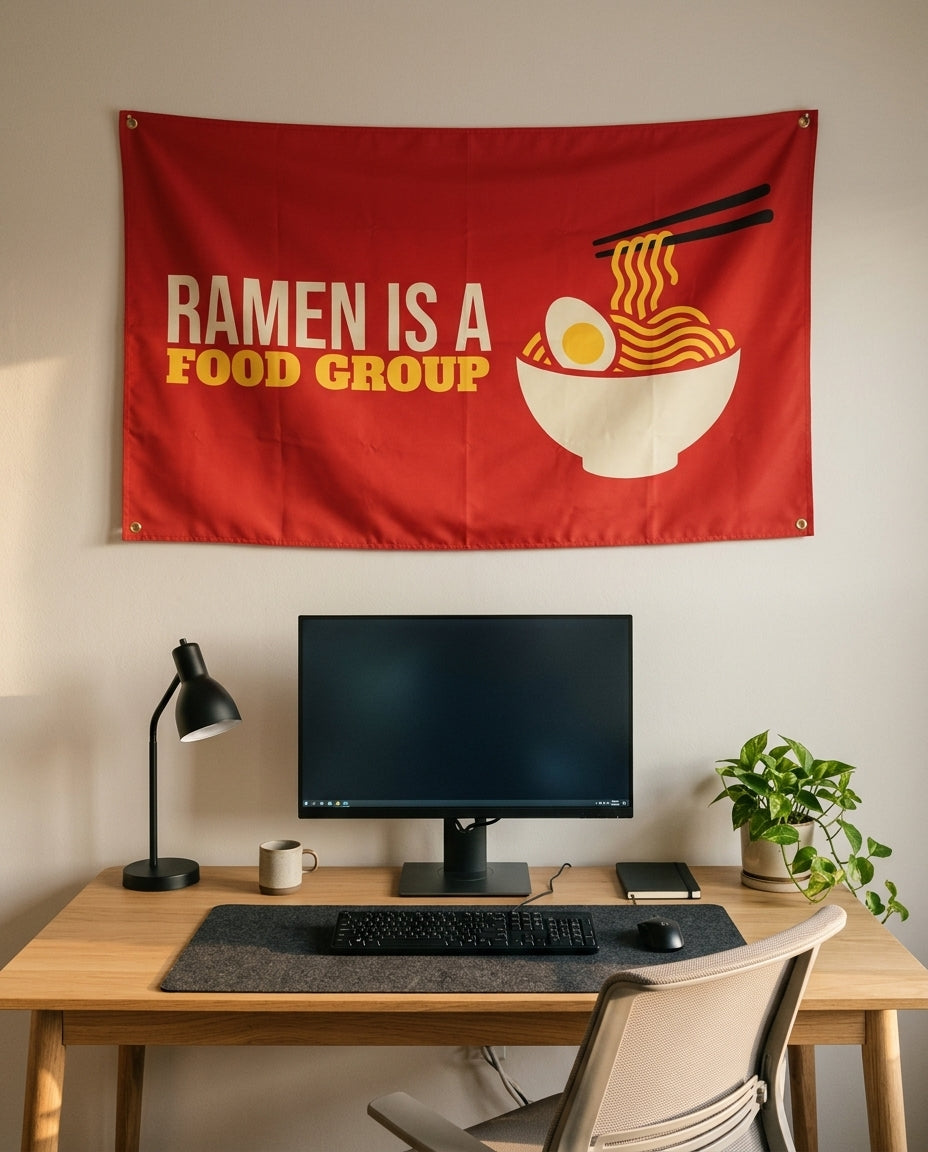 Ramen Is A Food Group 3x5 flag on a home office wall