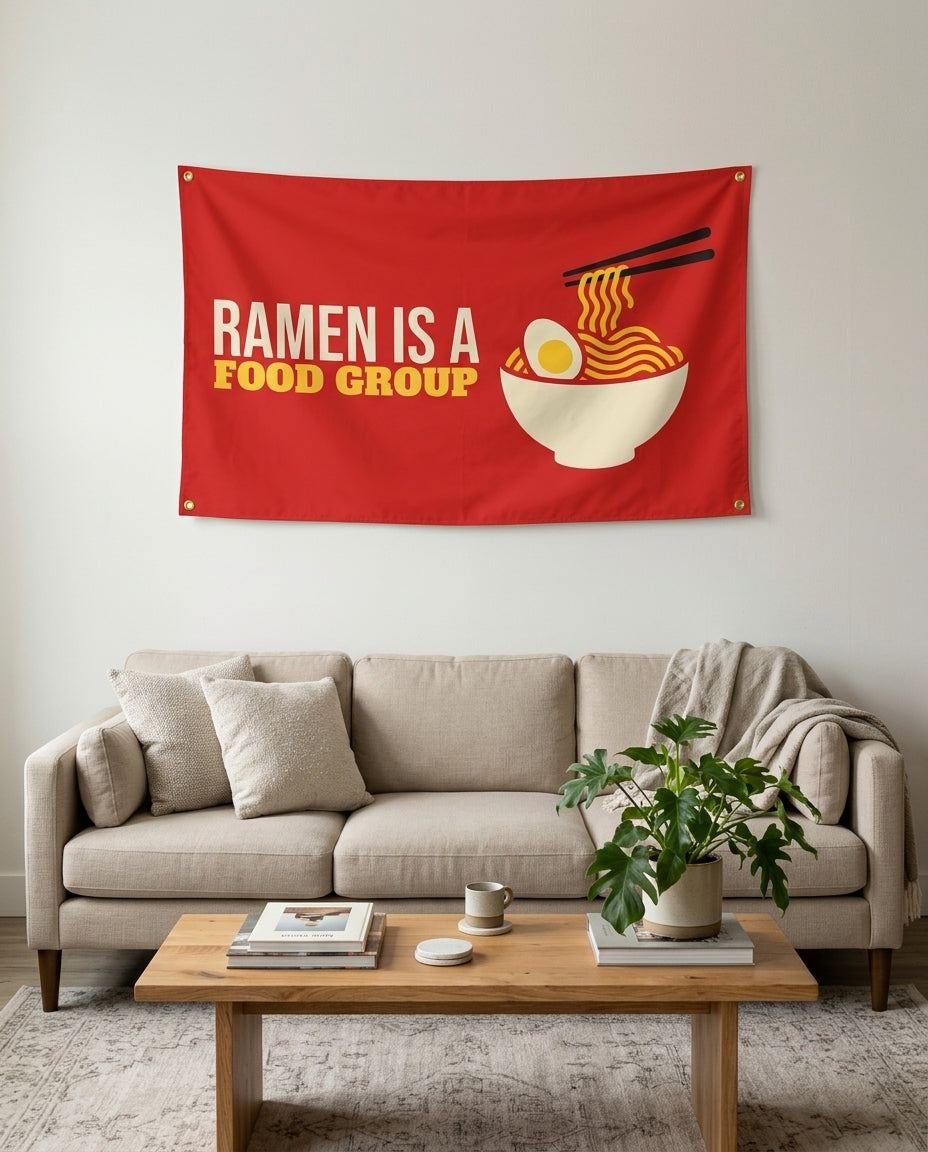 Ramen Is A Food Group flag used as living room wall decor
