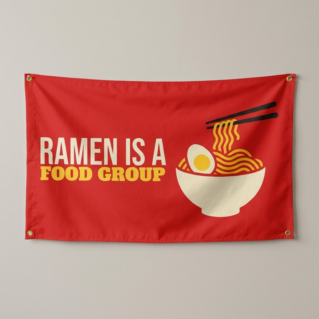 Ramen Is A Food Group flag 3x5 in red with a noodle bowl, hung on a wall